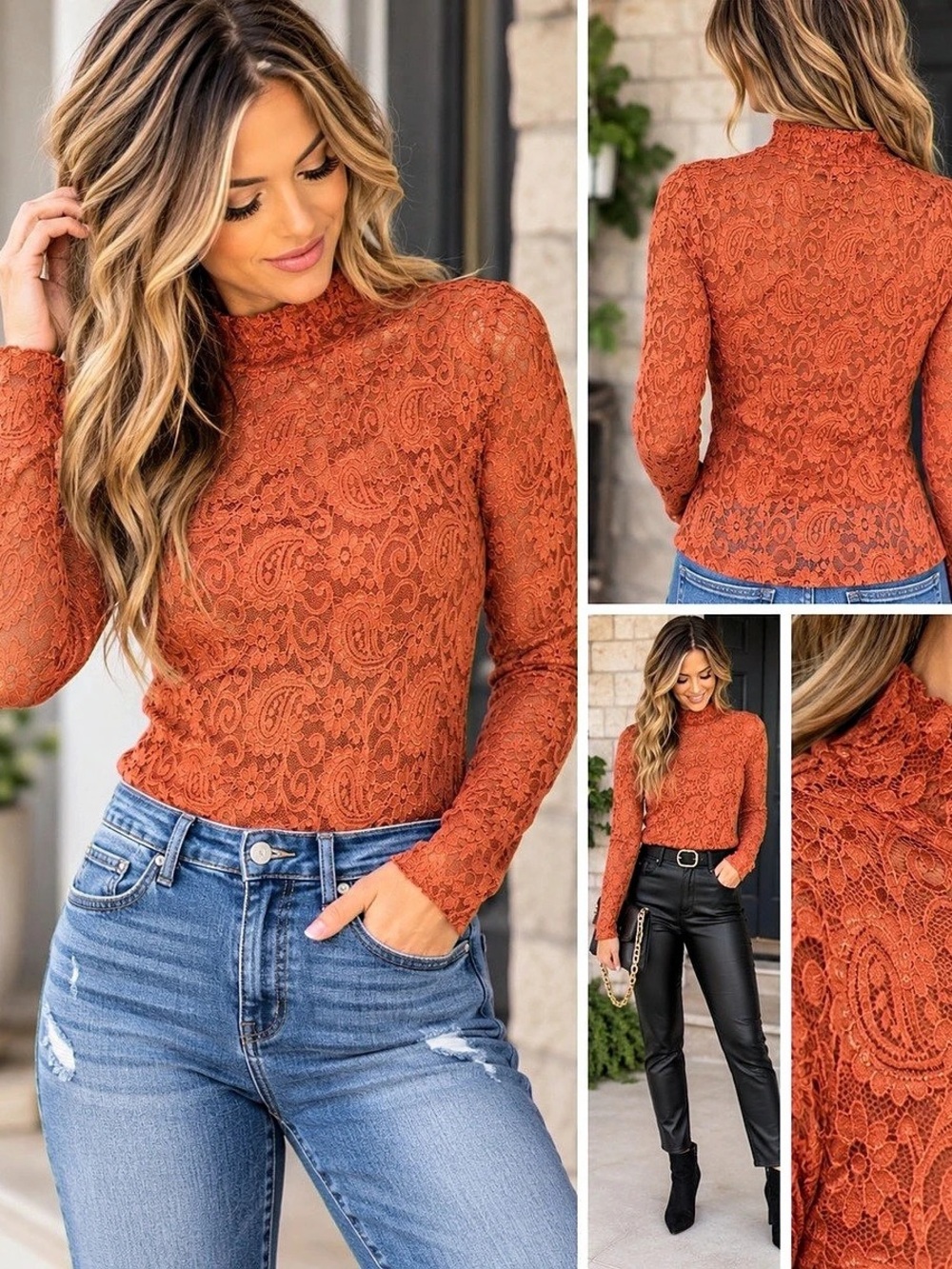 Red by BKE Floral Lace Mock Neck Top Rust/Orange Small Like New